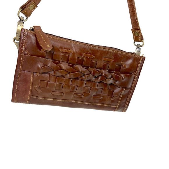 Jesslyn Blake Brown Cognac Eco Leather Wristlet Clutch Basket Weave - Picture 8 of 10